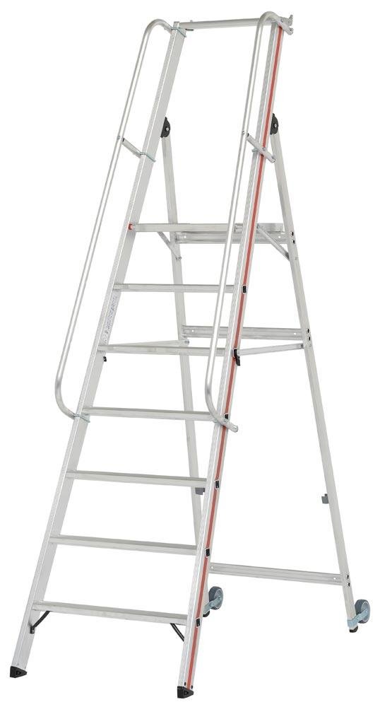 Plattformleiter R13 mit Kipprollen und langem Handlauf