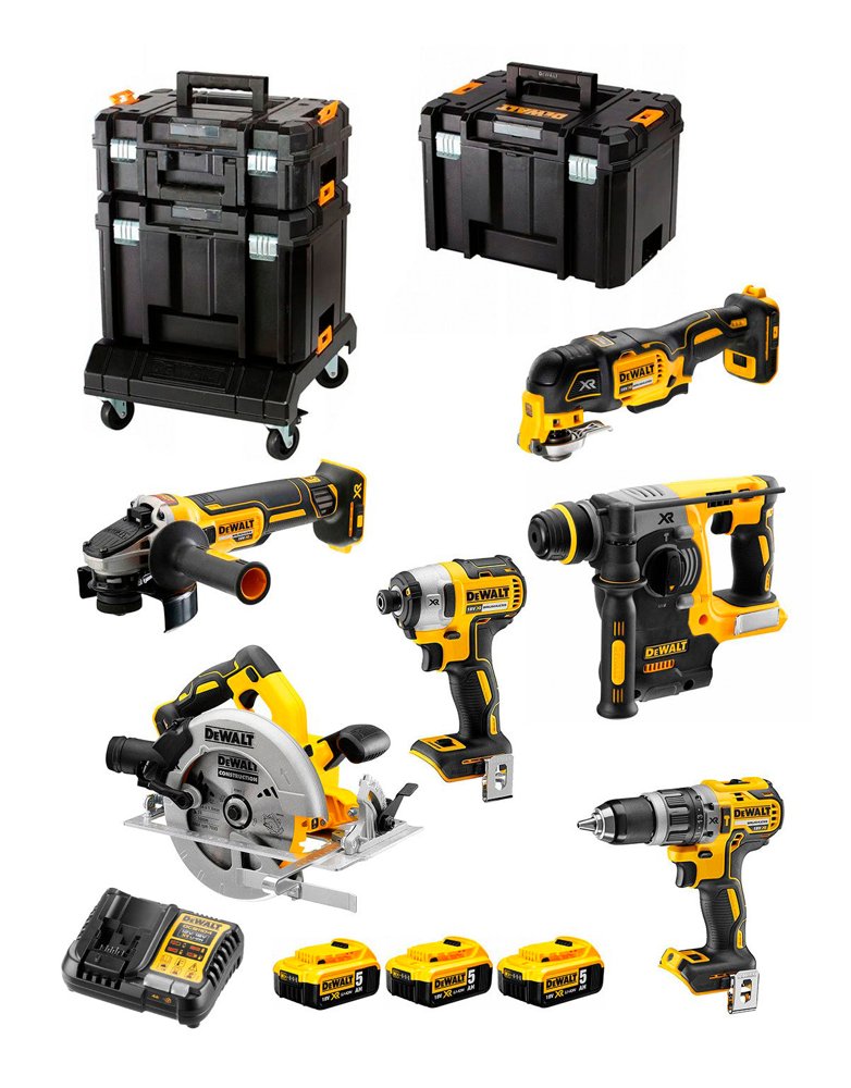 6-teiliges 18-V-Werkzeugset + 3 Akkus à 5 Ah + Ladegerät + Koffer + Tstak Halterung Dewalt DCK685P3T
