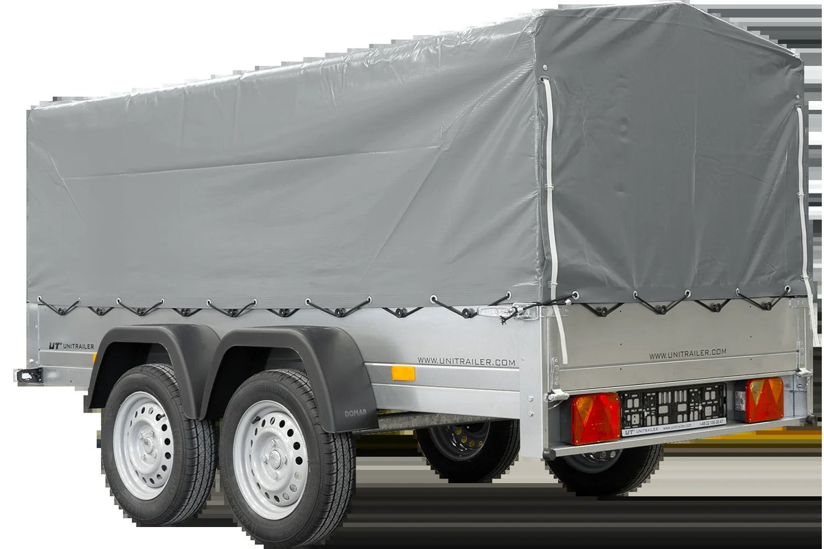 Unitrailer 264/2 Doppelachs-Kippanhänger mit Stützrad, Bügel und grauer Plane