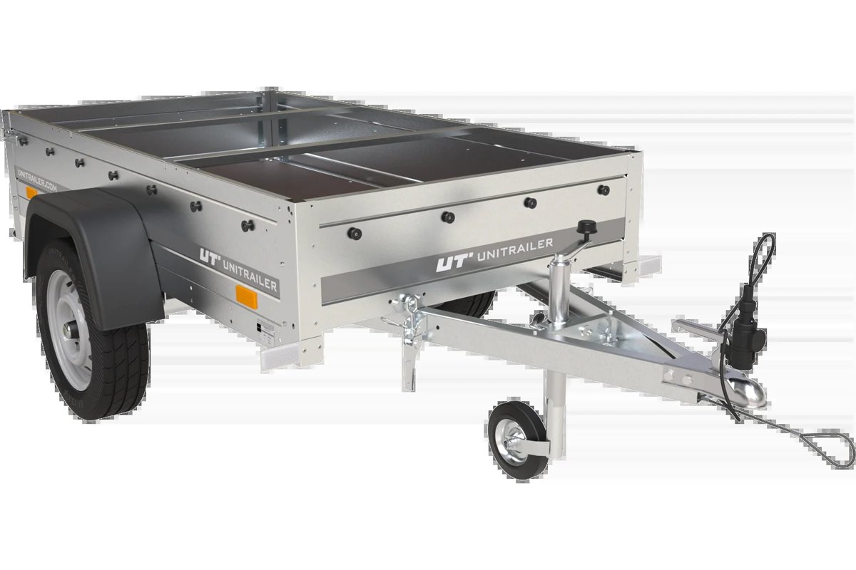 Garden Trailer 200 Kipp Einachsanhänger mit Stützrad und blauer Flachplane