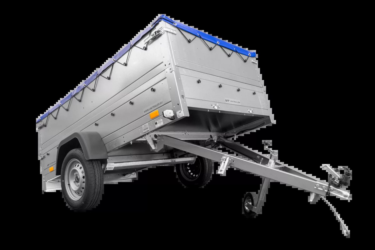Anhänger mit faltbarer Deichsel GARDEN TRAILER 230 KIPP mit zusätzlichen Bordwänden, Stützrad und blauer Flachplane