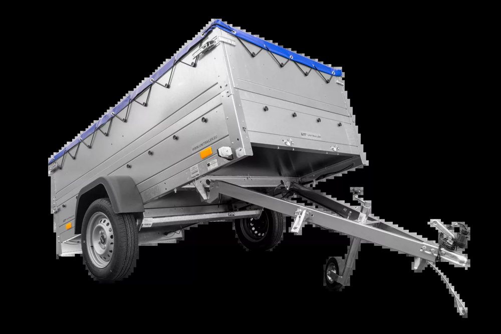 Anhänger mit faltbarer Deichsel GARDEN TRAILER 230 KIPP mit zusätzlichen Bordwänden, Stützrad und blauer Flachplane